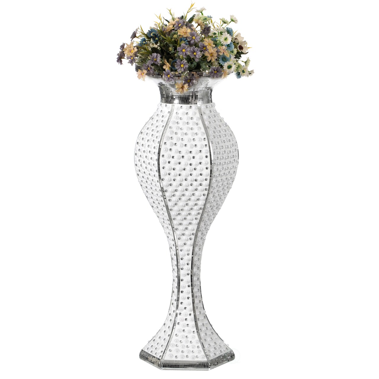 Modern Trumpet Wedding Floor Flower Vase with Silver Studs and White Pearl Design, for Living Room, Entryway or Dining Room, 40 Inch